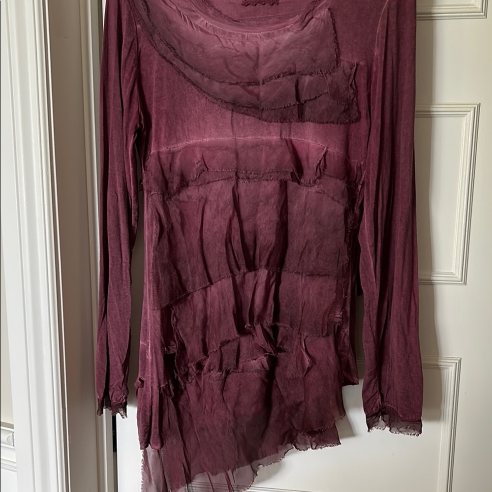 Burgundy Asymmetrical Ruffled Long Sleeve Tunic
